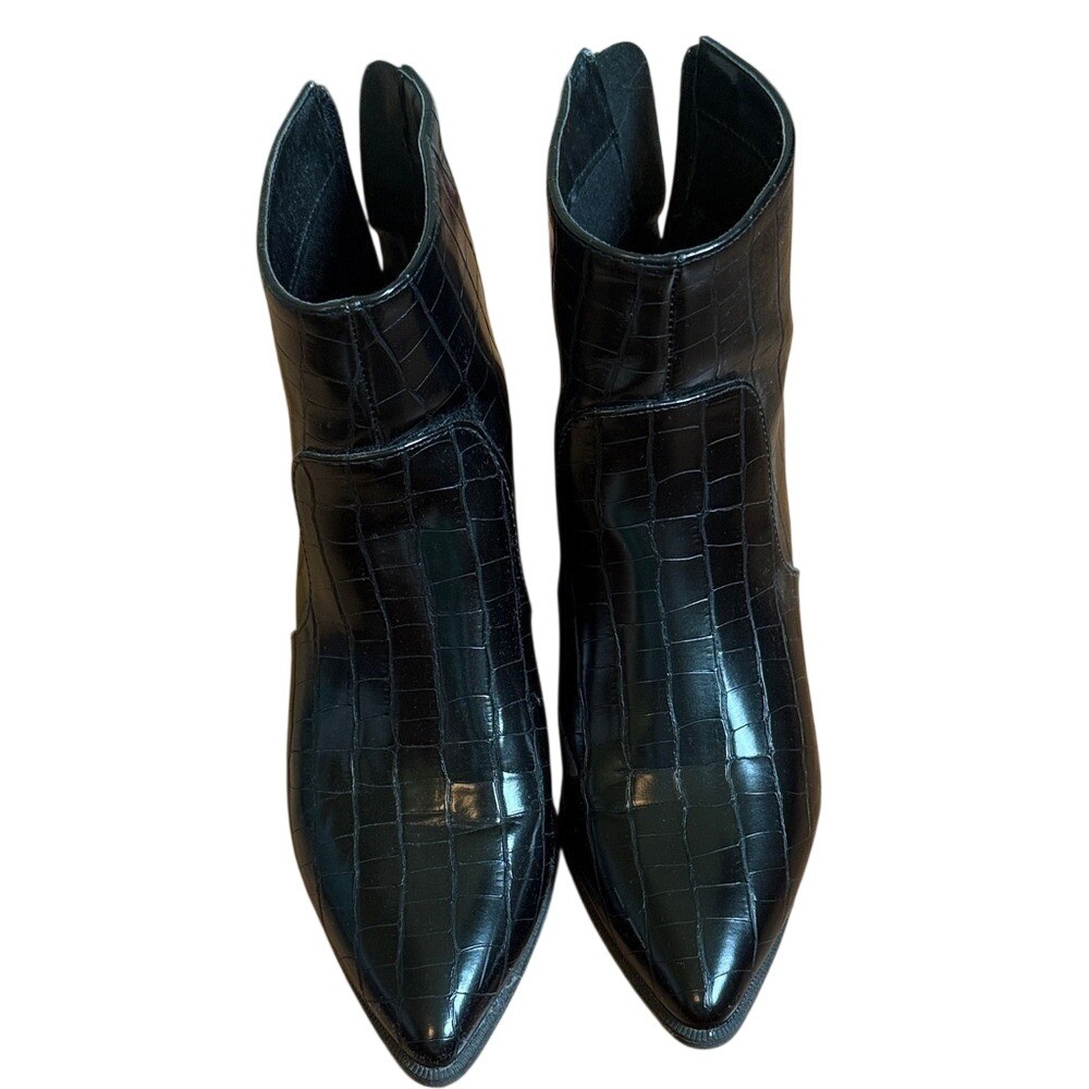 Black Croc Embossed Pointed Toe Ankle Boots‎ Back Zip Block Heel US 6.5
